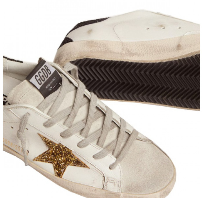 Кеды Golden Goose Super-Star Gold Glitter Star And Black Glitter Heel Tab